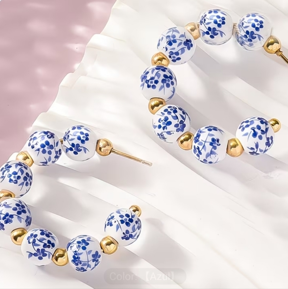 NEW! Elegant Beaded Porcelanite Blue and Gold Floral Open Hoop Post Earrings